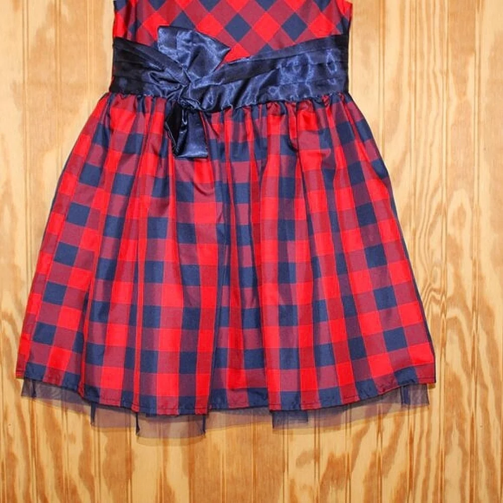 🎀 Cat & Jack Red & Navy Plaid Dress w/ Satin Sash – Size S (6/6X)